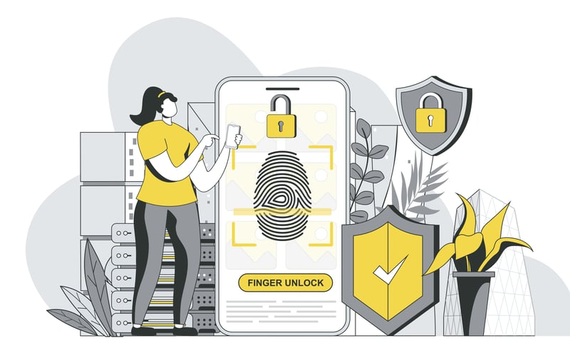 A phone locked down with a fingerprint reader and surrounded by shields / padlocks