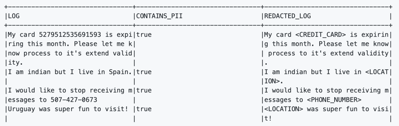 Screenshot showing PII UDF query results with contains_pii and redacted_log columns