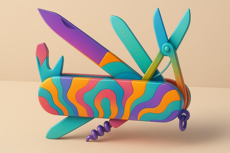 A colourful swiss army knife, representing creativity, generalism and adaptability.