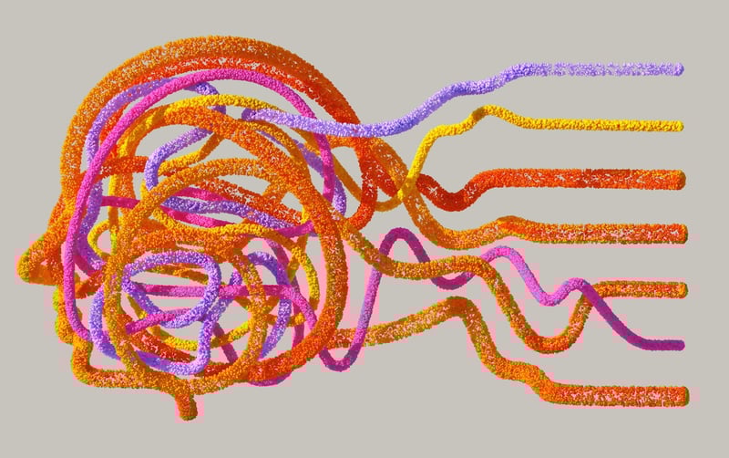 Thick colourful threads forming a human head. An artist's illustration of AI and the complexity of biology.