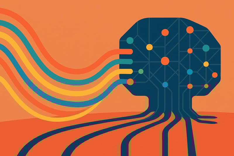 Colourful streams flowing into a neural network like structure containing nodes and connections