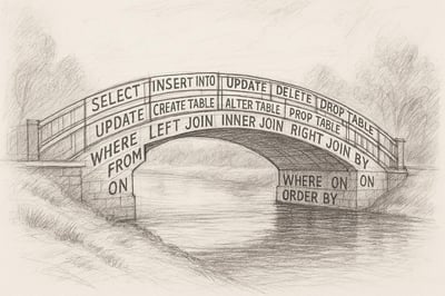 A sketch of a bridge with SQL statements inscribed across it