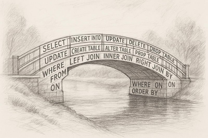 A sketch of a bridge with SQL statements inscribed across it