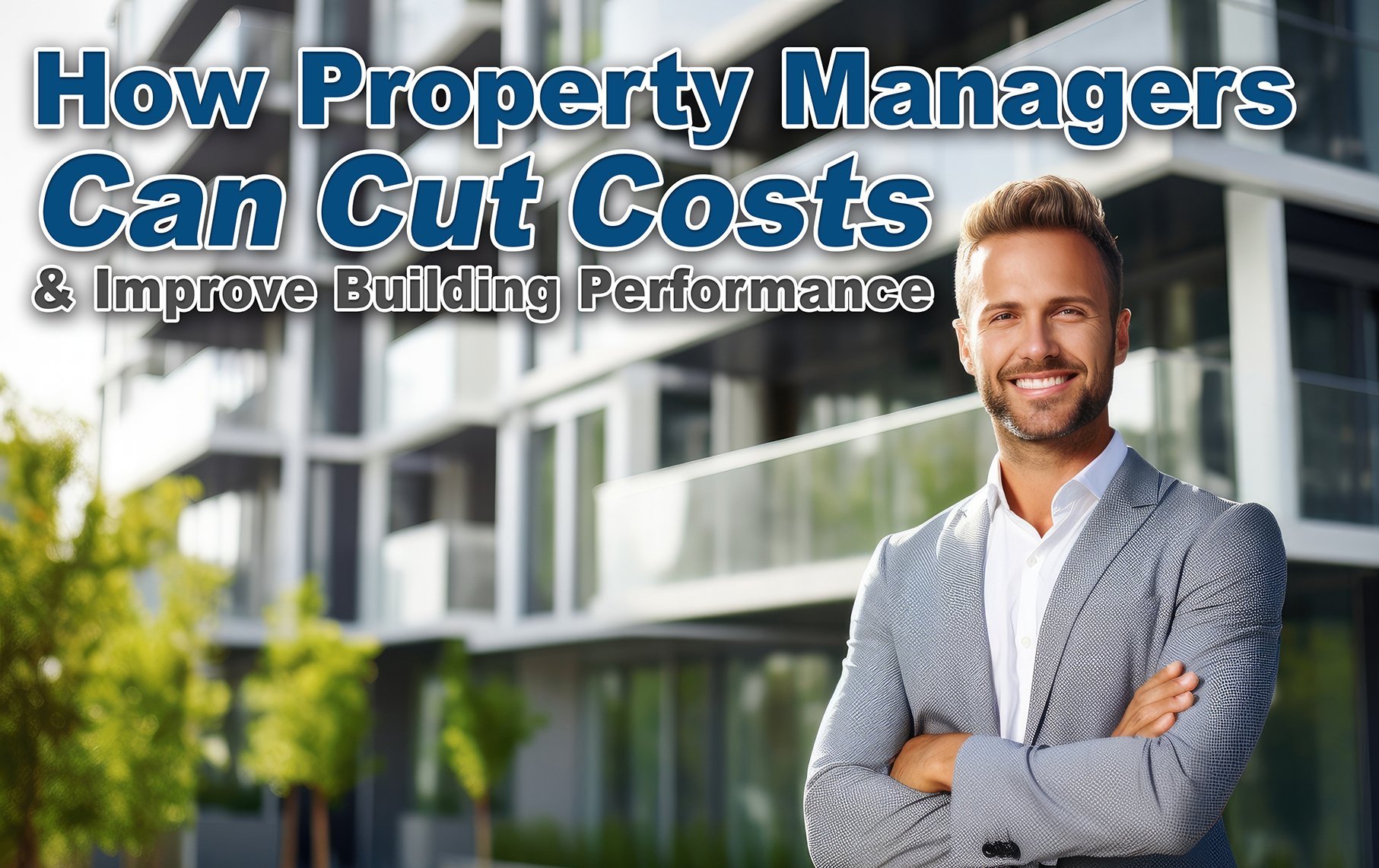 Property manager man in front of a modern apartment house