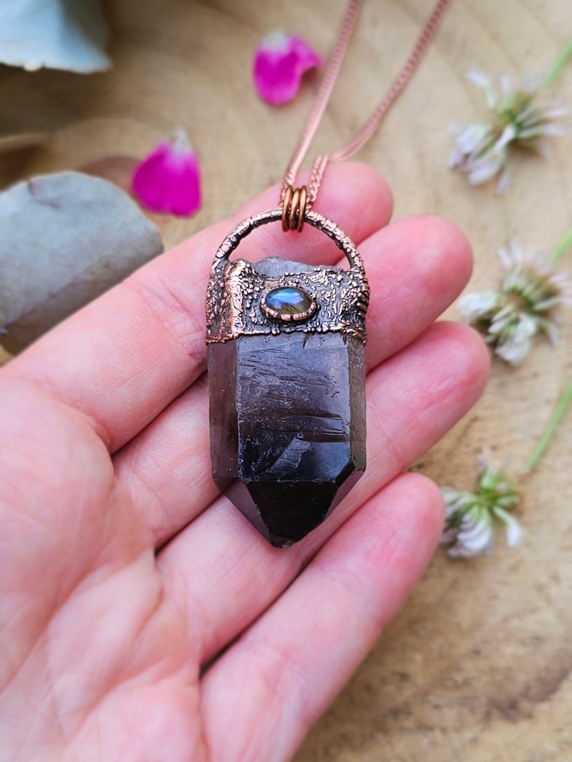 Amulet miedziany "Wiedźmiński Sopel" - Kwarc Dymny