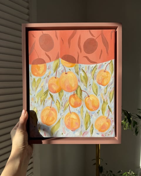 Serenitas no.07 | Morele | Obraz olejny 30x24 w różowej ramie