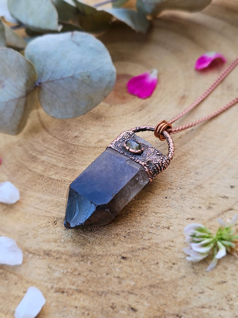 Amulet miedziany "Wiedźmiński Sopel" - Kwarc Dymny