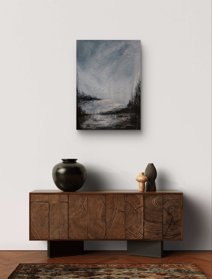 Obraz strukturalny "Srebrzysty oddech nocy" pejzaż abstrakcyjny 50x70 cm