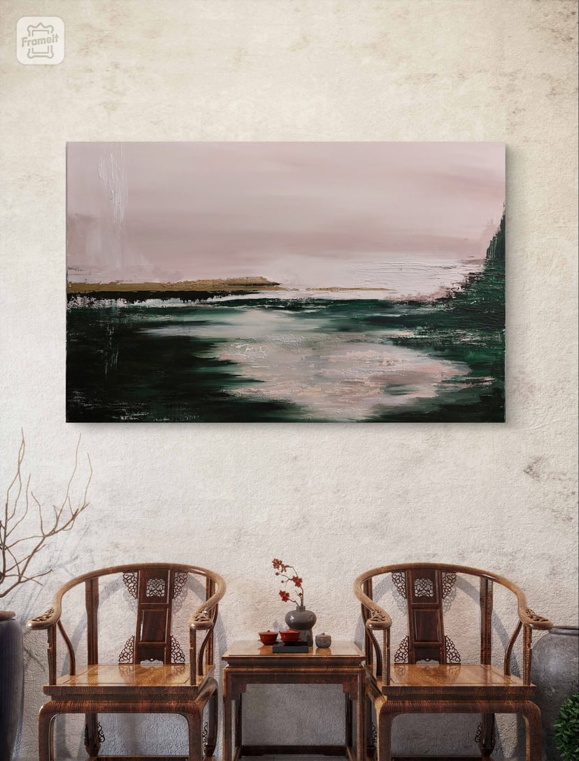 Duży krajobraz abstrakcyjny "Szeptem przez świat" pejzaż 80x120 cm złoto