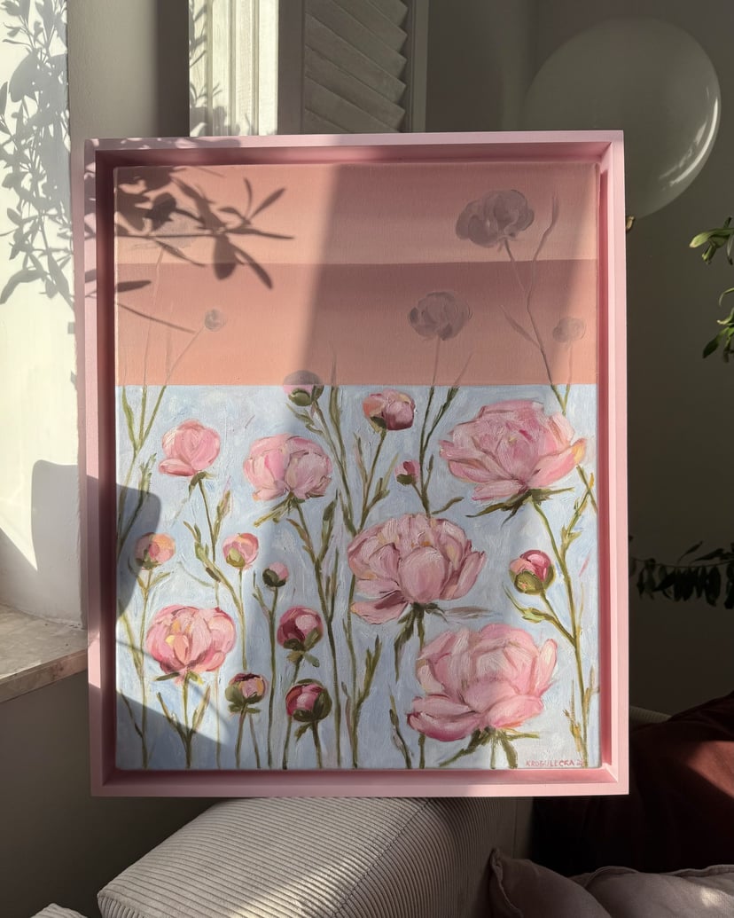 Serenitas no. 08 | Piwonie | Obraz olejny 50x40 w różowej ramie