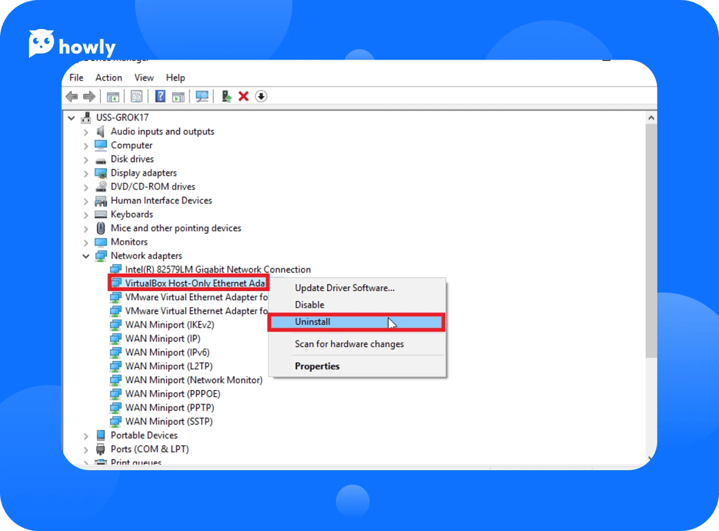 network adapters uninstall