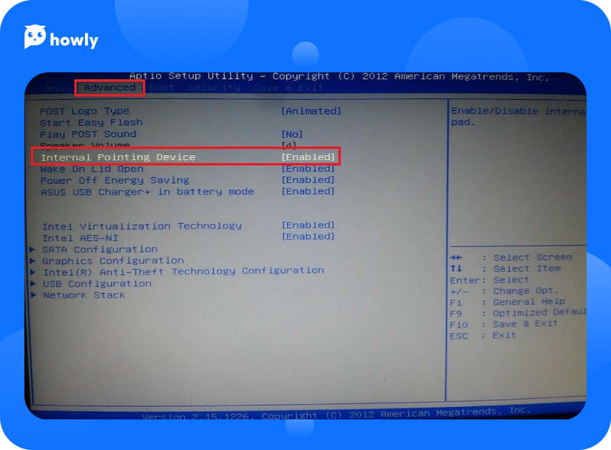 Selecting "Internal Pointing Device" in BIOS