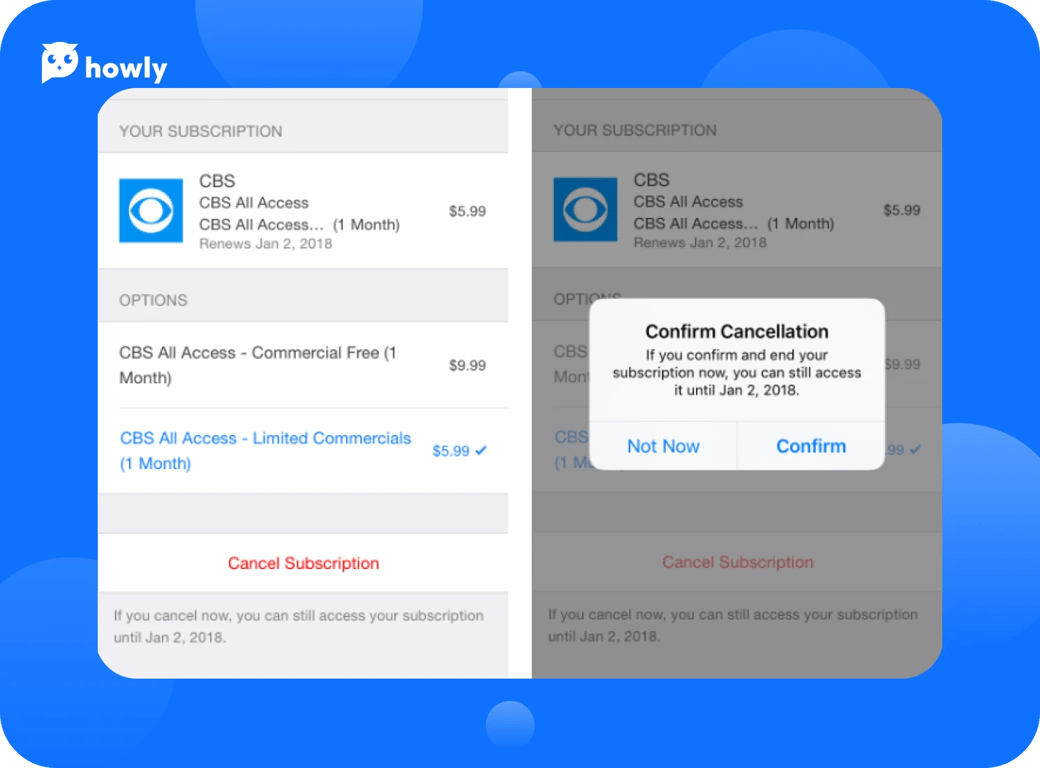 How to cancel CBS All Access subscription with Howly