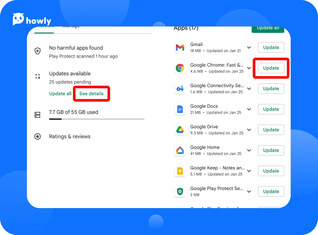 Unlike ChromeOS, Windows, and macOS users don’t have Chrome as a proprietary app. They both need to install the desktop Google app. And Google creates highly-similar instructions on how to how update the google Chrome browser:  Open Chrome. Find a menu (three dots near the profile icon at the top right screen) and click on it. Choose Help → About Chrome. It will redirect you to the About page where you can check details about the browser. Once it downloads an up-to-date version, restart the browser. This action will finish the update.  That’s how you can update Chrome on PC and macOS systems.  How to update Chrome on your Android device