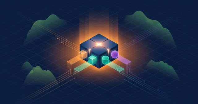 An isometric illustration of a glowing server block with three colored storage modules plugged into it by streams of light on a dark grid background.