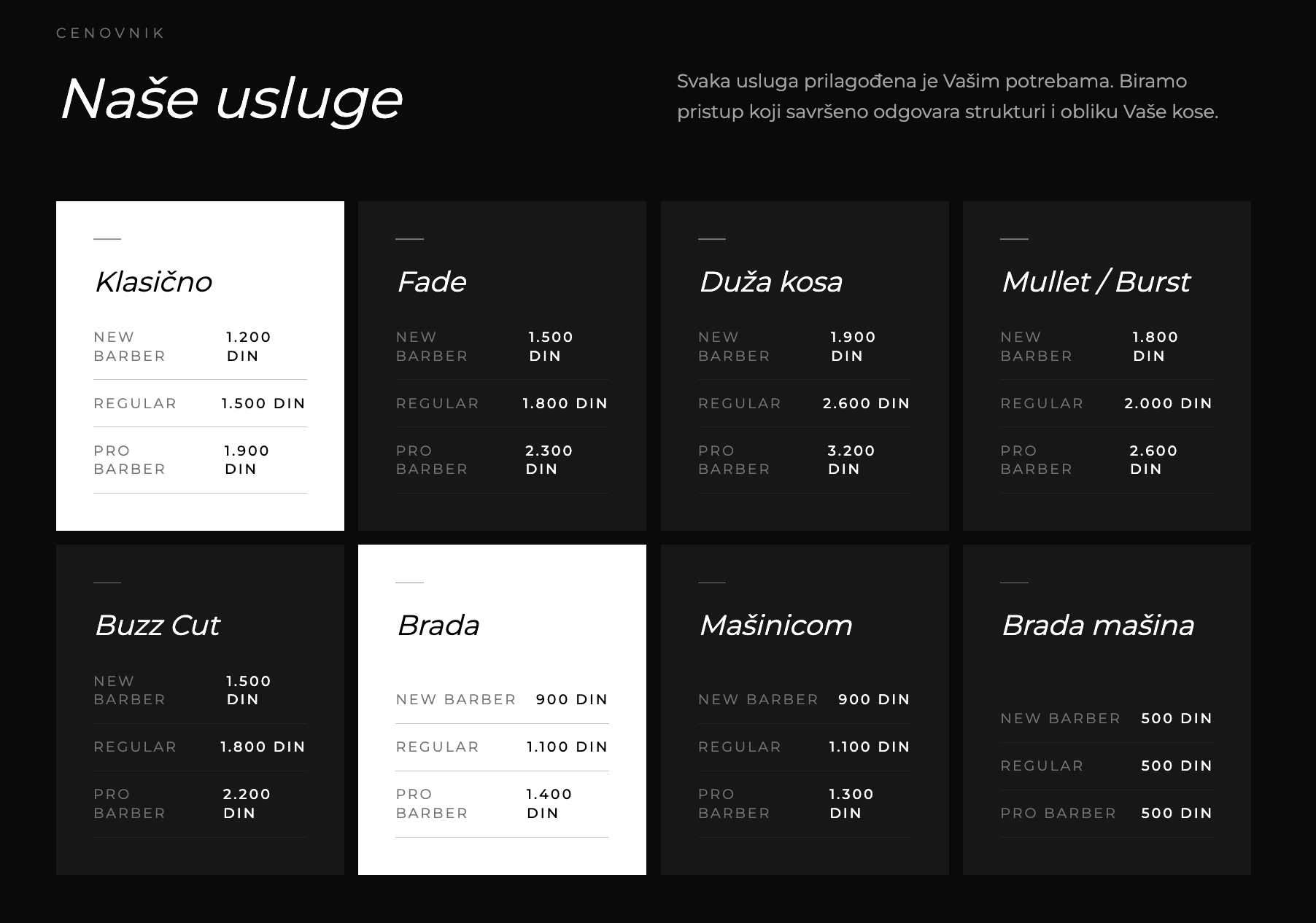 Imperial Barber Shop services pricing grid