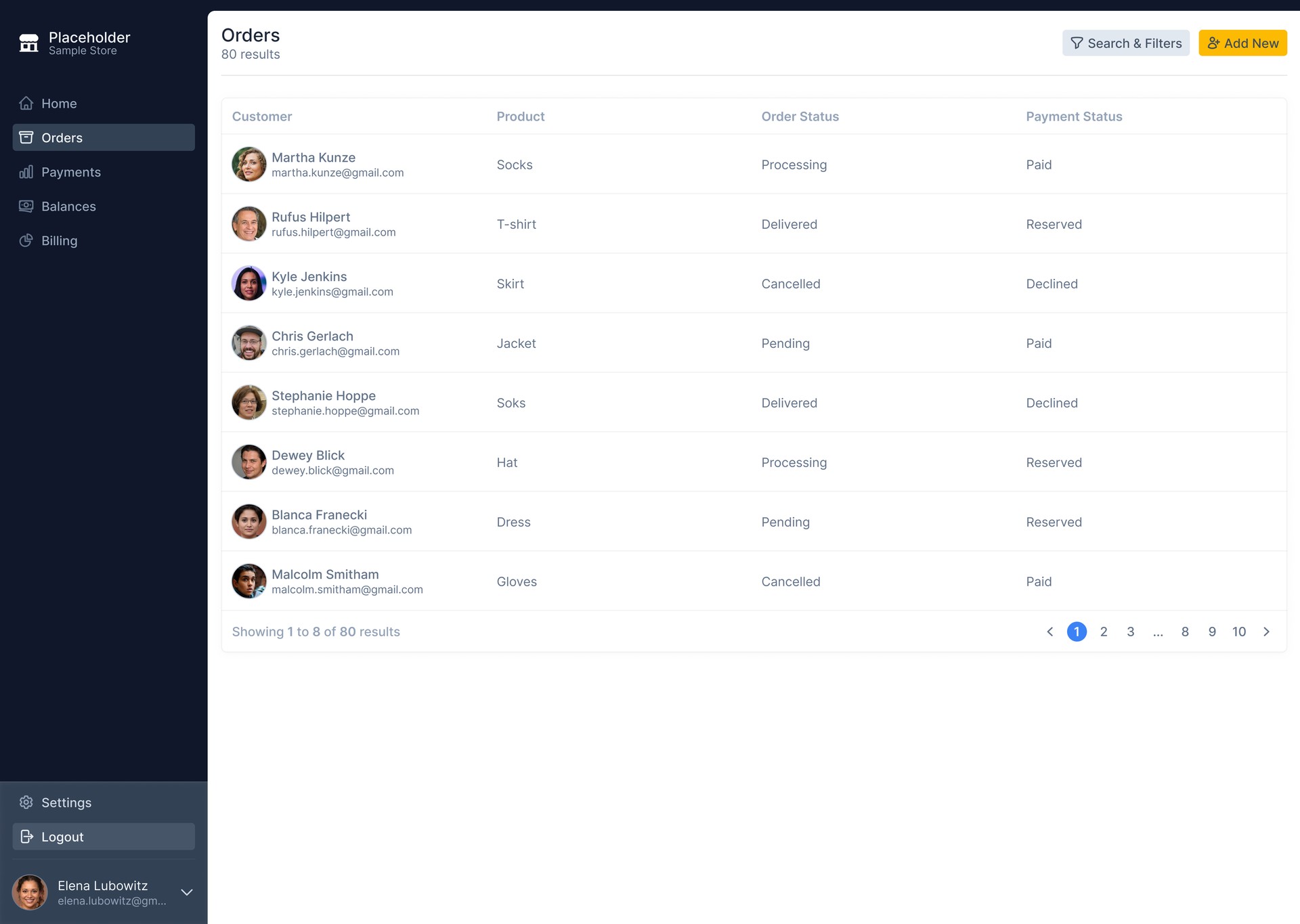 Dashboard — Profile menu open, Settings and Logout revealed