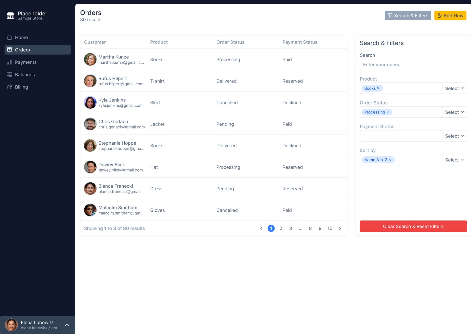 Dashboard — Search & Filters panel open with active chips