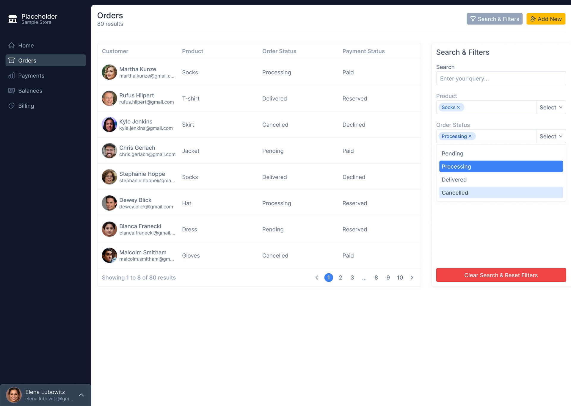 Dashboard — Filter dropdown open with multi-select states