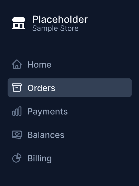 Dashboard sidebar — five sections, Orders active