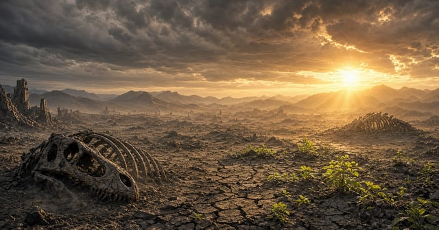 A cracked desert plain strewn with dinosaur skeletons and distant ruins under a stormy sunset, with small green shoots pushing up through the broken earth.