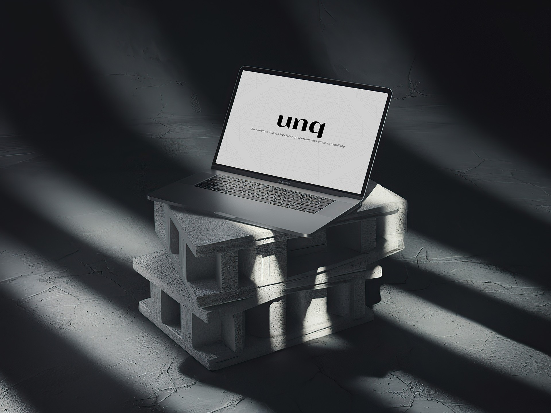 Laptop on a concrete plinth showing the UNQ wordmark on screen