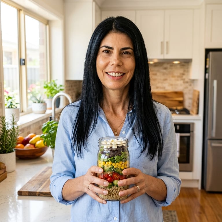 Mujer con ensalada en frasco