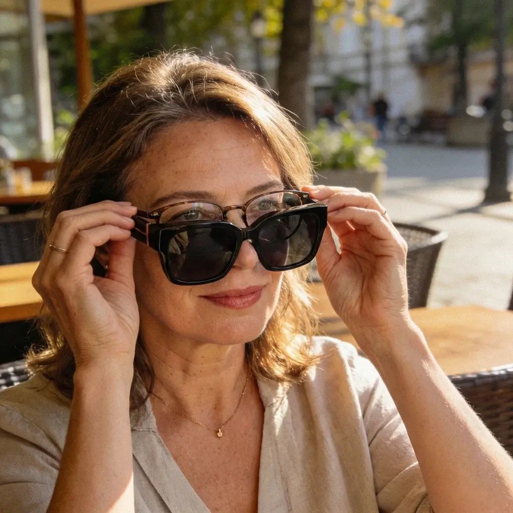 Woman at a café putting on stylish fit-over sunglasses over her prescription glasses