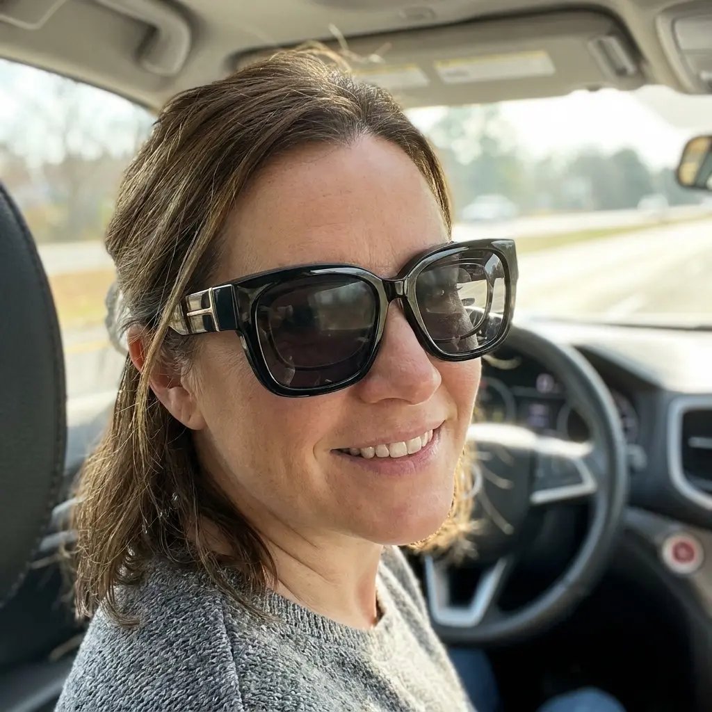 Woman smiling while driving wearing Myliia fit-over sunglasses