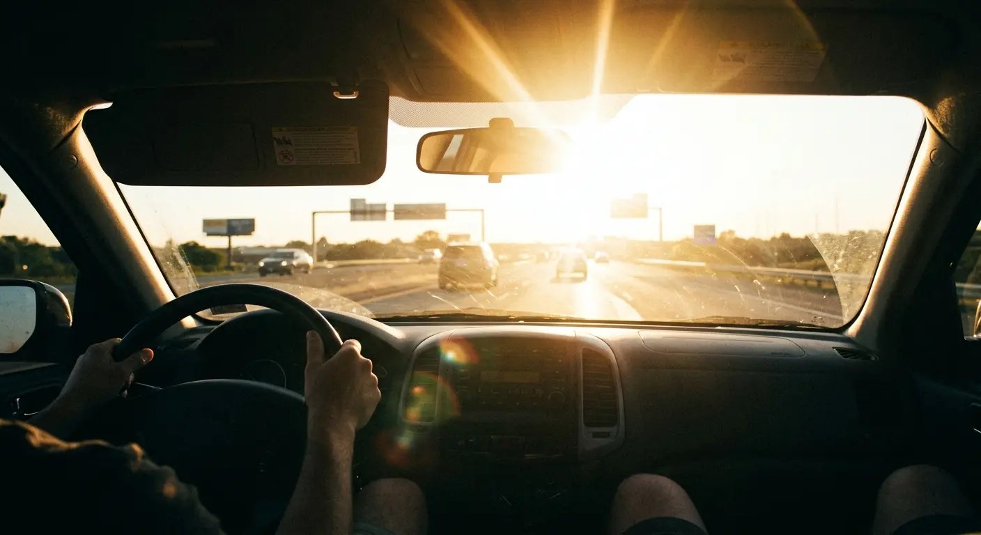 Blinding sun glare through a car windshield