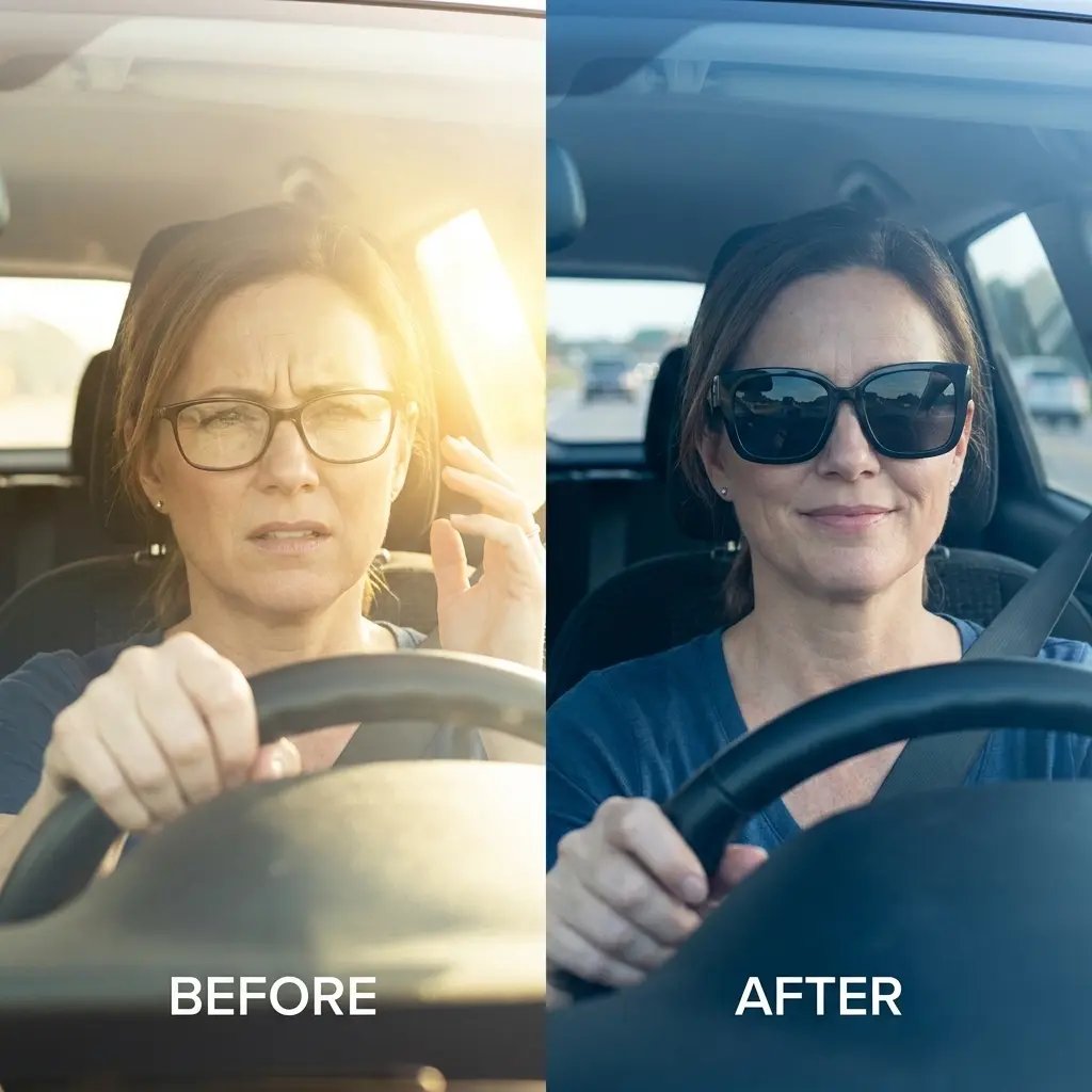 Before and after comparison: squinting while driving versus comfortable driving with fit-over sunglasses