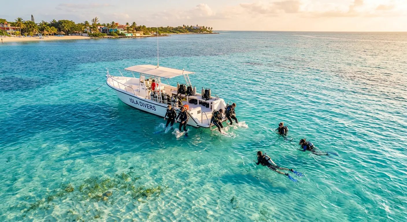 Dive boat in turquoise Caribbean waters