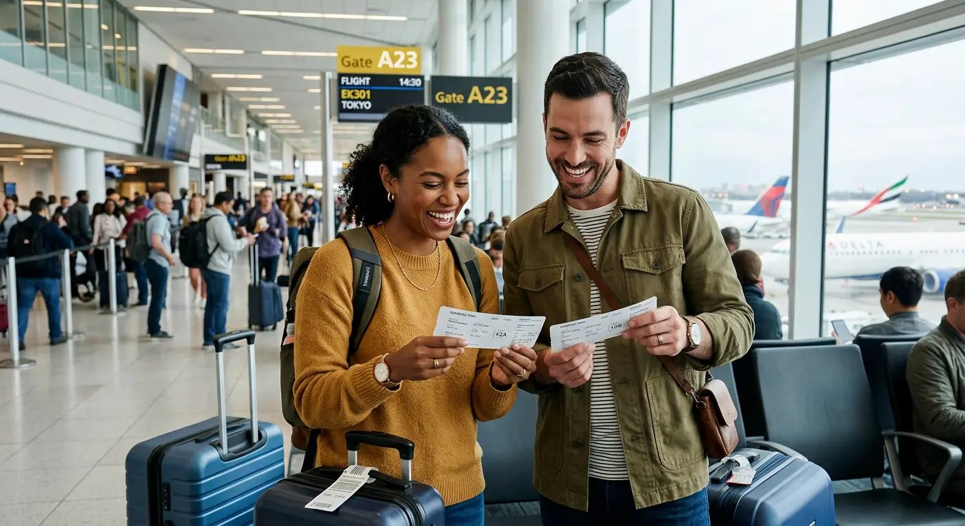 Happy travelers at airport