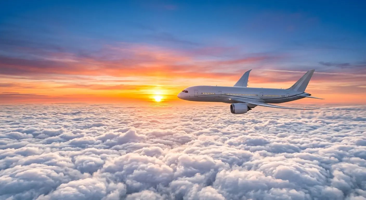 Airplane flying above clouds at sunset