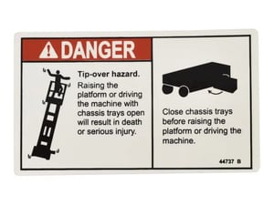 Tip-Over Open Tray Hazard decal for various Genie® Machines