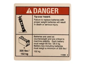 Tip-Over and Battery Danger Label decal for various Genie® Machines