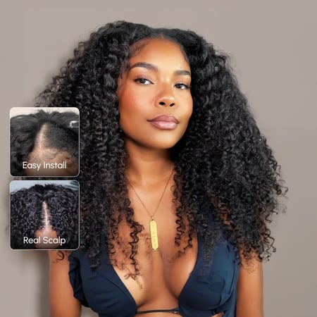 Anfängerfreundliche V-Teil Perücke Kinky Curly Leimlose Echthaar