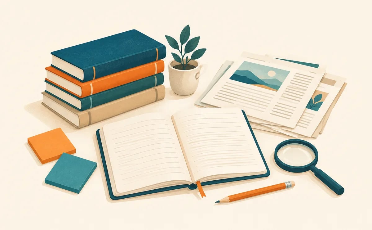 Illustration: Bücherstapel, aufgeschlagenes Notizbuch, Artikel, Haftnotizen und eine Lupe auf einem Schreibtisch