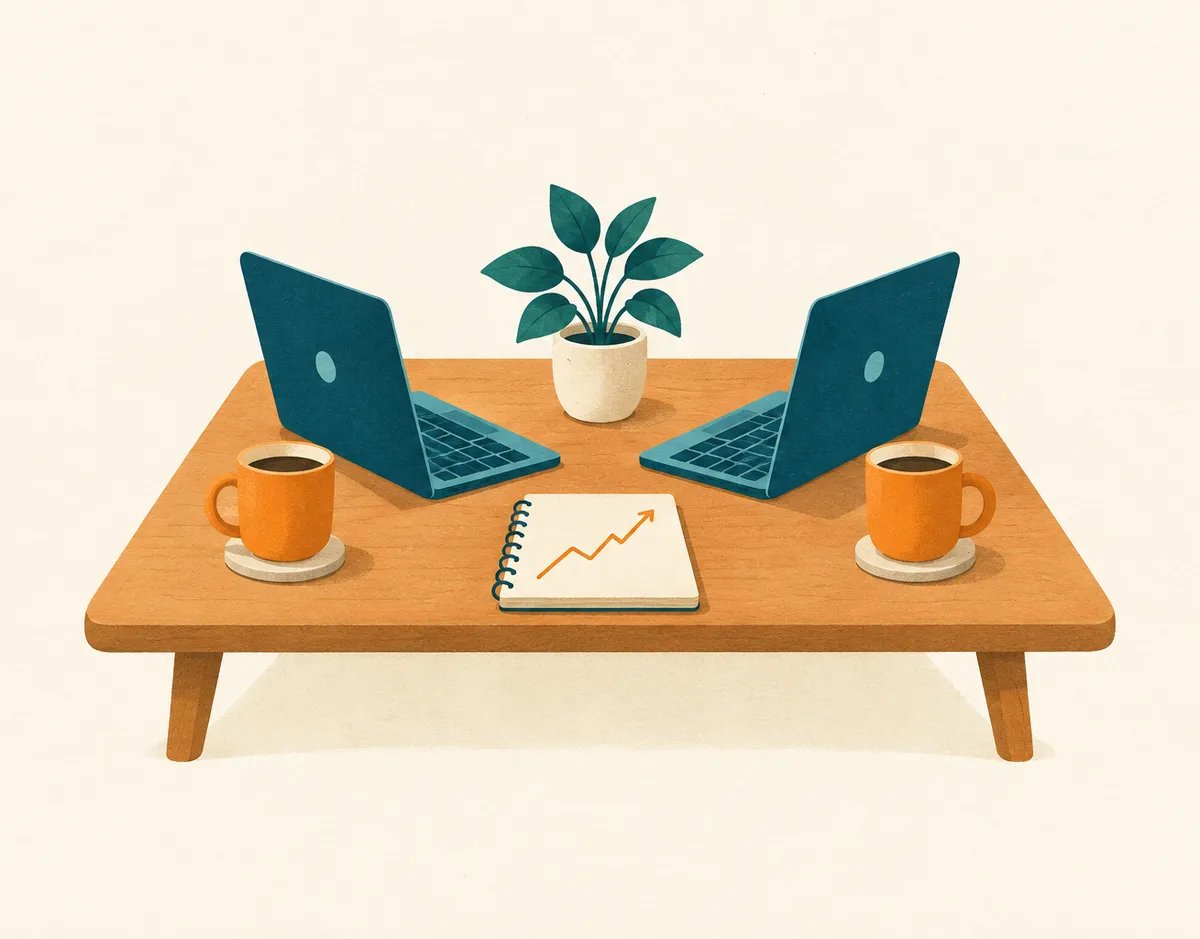 Illustration: Zwei aufgeklappte Laptops und zwei Kaffeetassen auf einem gemeinsamen Tisch, dazwischen ein Notizblock mit steigender Linie