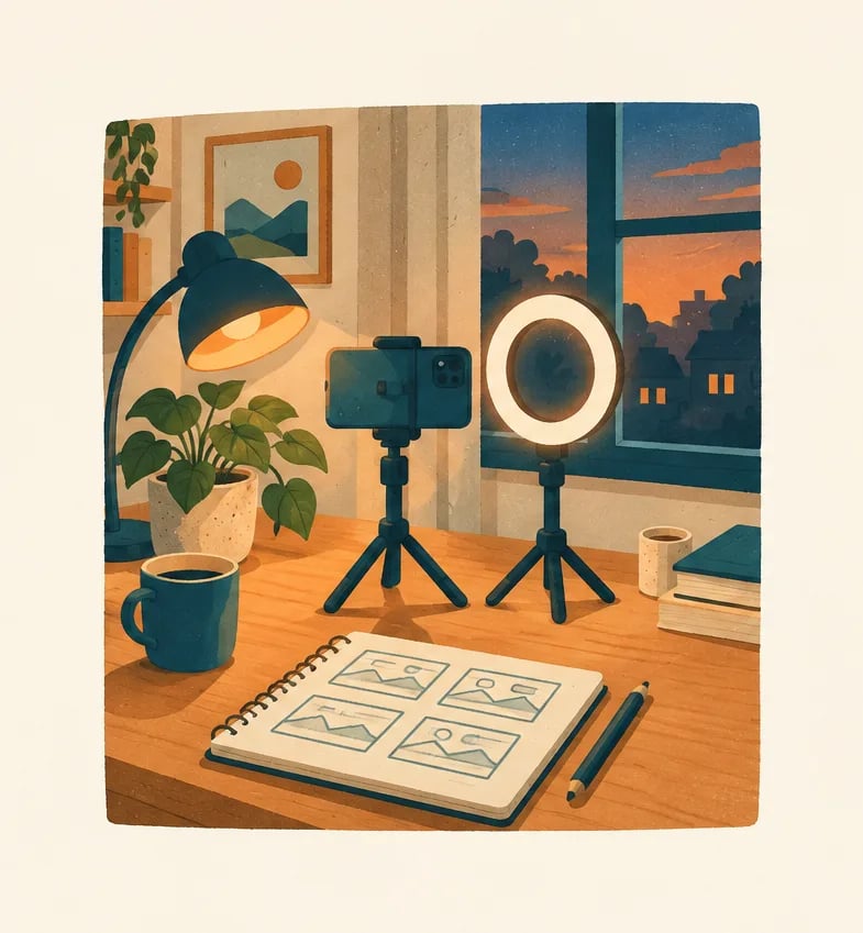 Illustration: Smartphone auf einem Stativ mit Ringlicht an einem Schreibtisch am Abend
