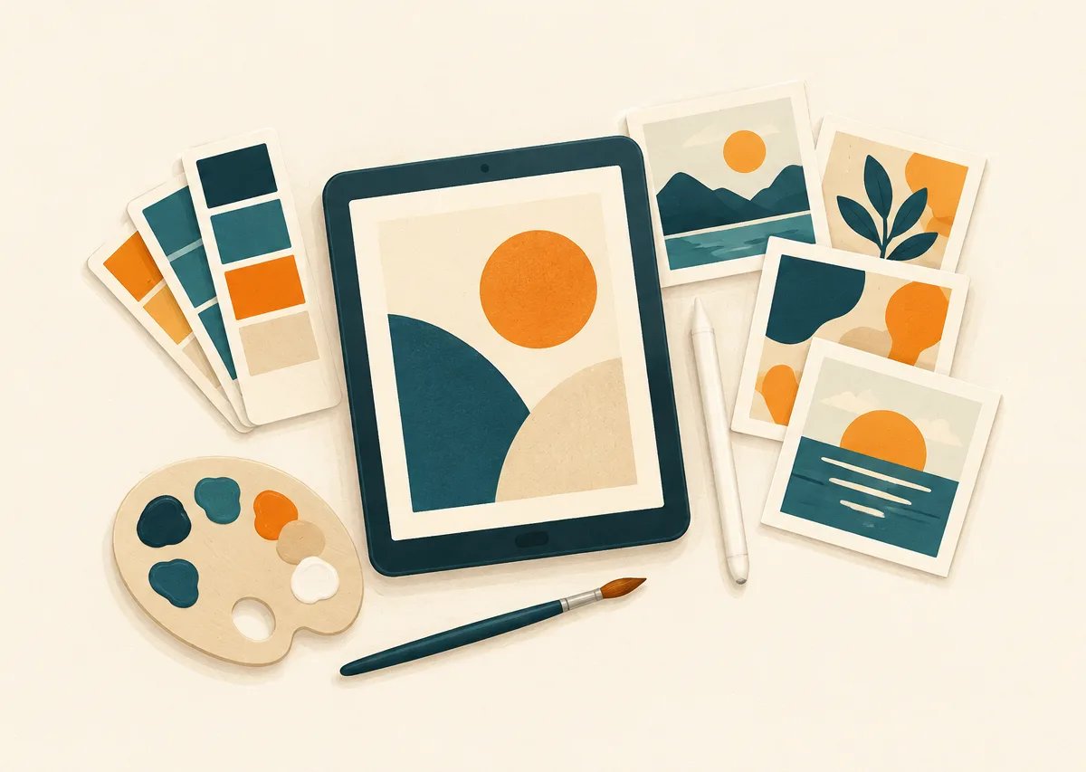 Illustration: Tablet mit Stift, Farbmuster, Social-Media-Beiträge und eine Malpalette
