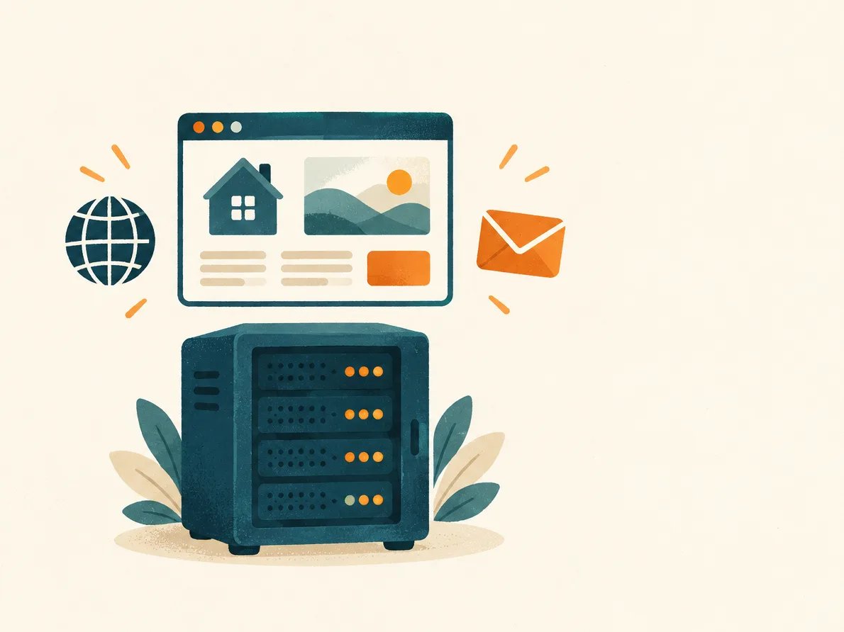 Illustration: Kleiner Server, darüber ein Browserfenster mit Website, daneben Globus und Briefumschlag