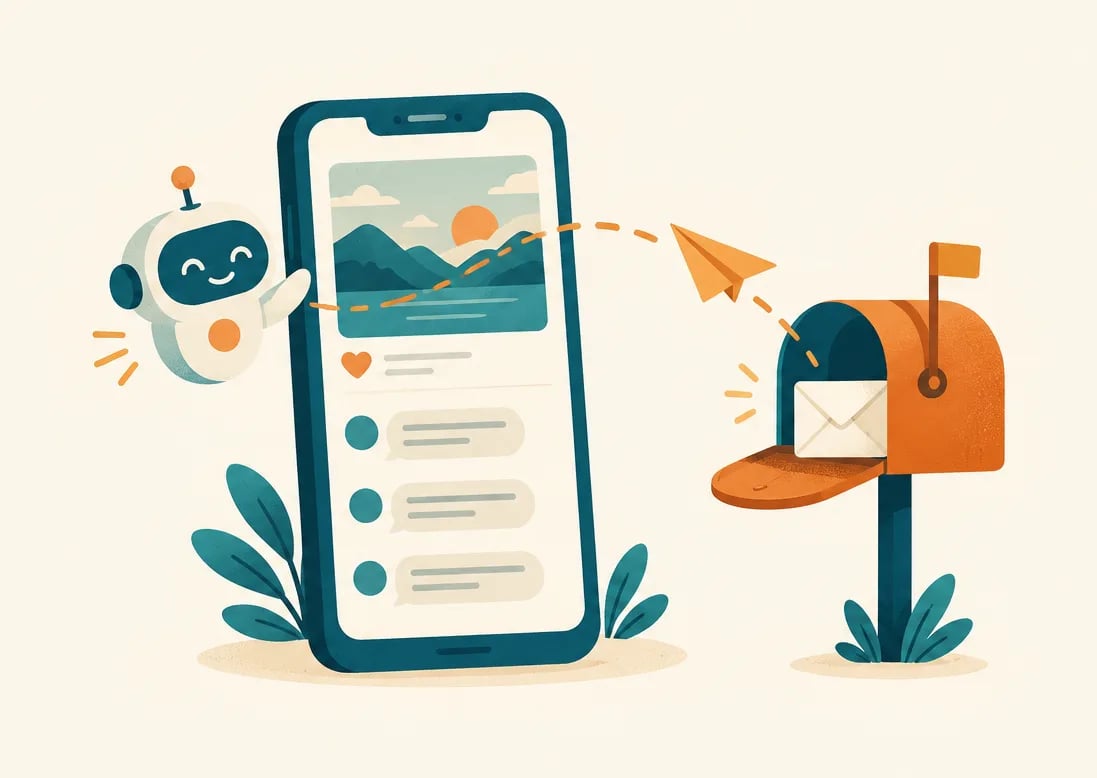 Illustration: Smartphone mit Kommentaren, ein kleiner Roboter schickt einen Papierflieger zu einem Briefkasten