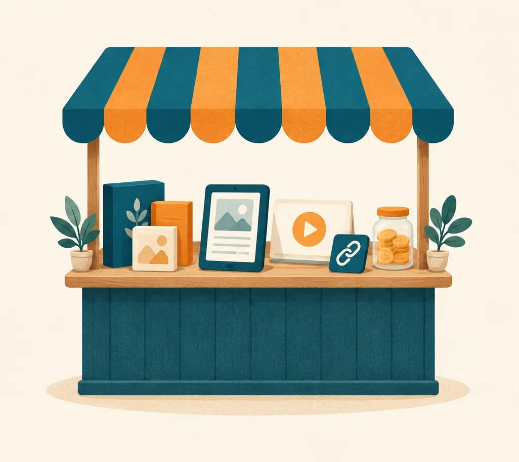 Illustration: Marktstand mit gestreiftem Dach, auf der Theke digitale Produkte wie E-Book, Videokurs und ein Glas mit Münzen