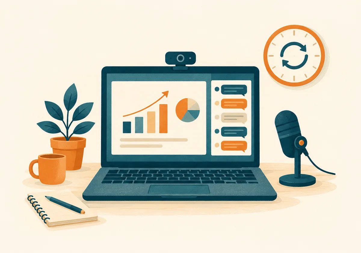 Illustration: Laptop mit Webcam zeigt eine Präsentation mit Diagramm und einen Chat, daneben ein Mikrofon und eine Uhr mit Wiederholungspfeil