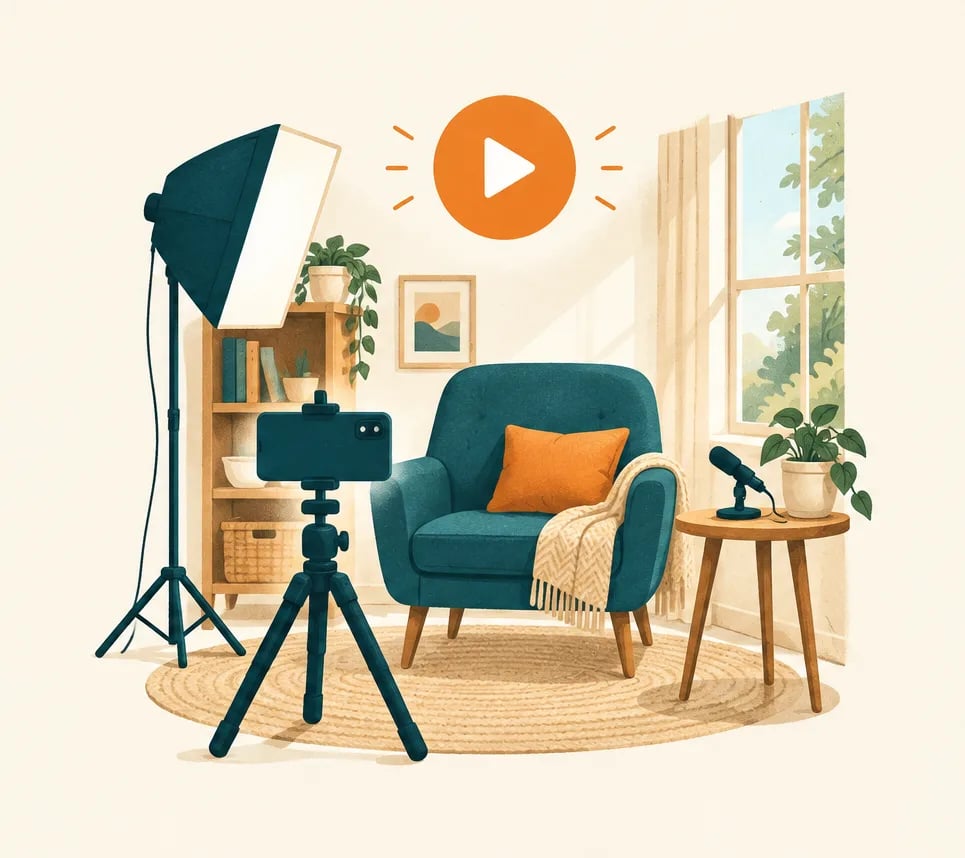 Illustration: Smartphone auf Stativ vor einem Sessel mit Softbox-Licht, Ansteckmikrofon und Play-Symbol