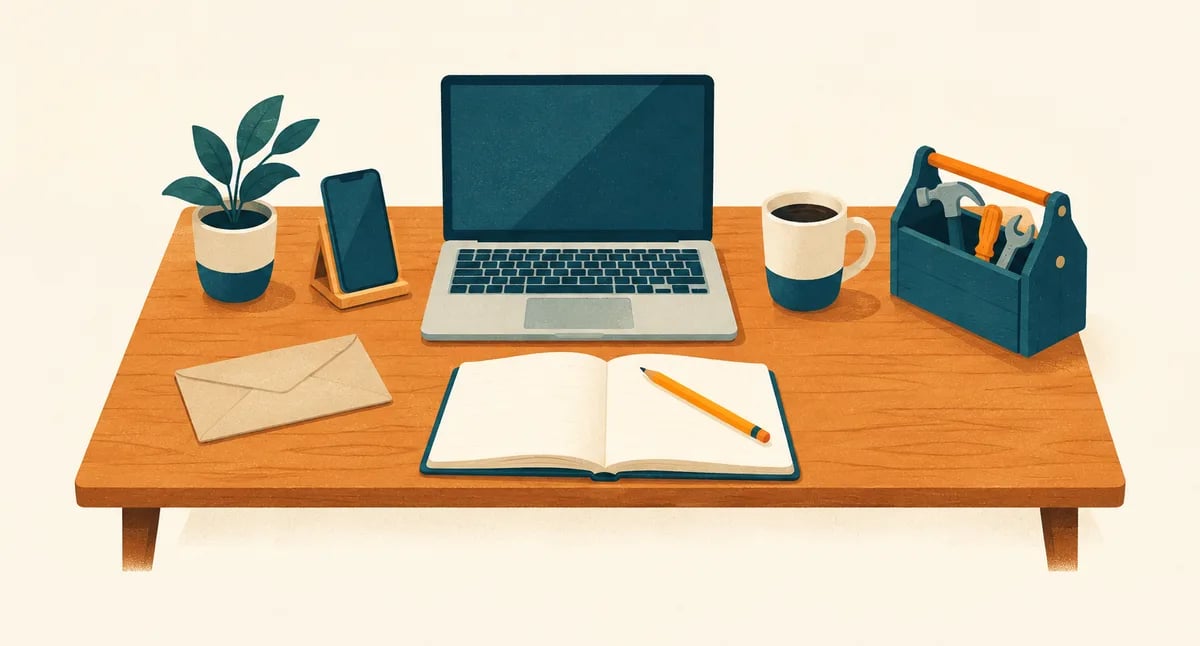 Illustration: Schreibtisch mit Laptop, Smartphone, Briefumschlag, Notizbuch, Kaffeetasse und einem kleinen Werkzeugkasten