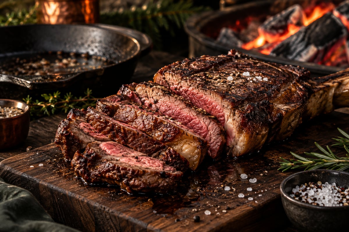 Gegrilltes Angus-Ribeye mit Knochen in Scheiben, dunkle Kruste und rosa Kern auf einem Holzbrett