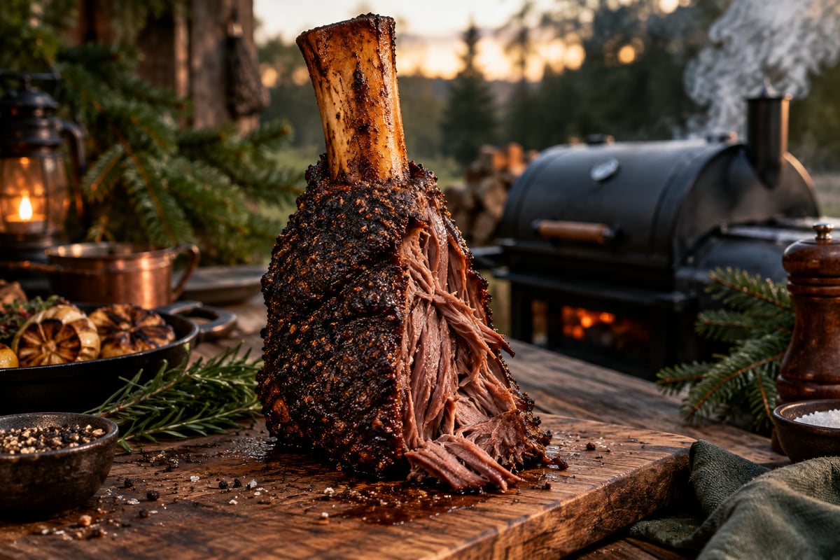 Beef Hammer: geräucherte Rinderhesse am langen Knochen mit dunkler Kruste, angeschnitten auf einem Holzbrett