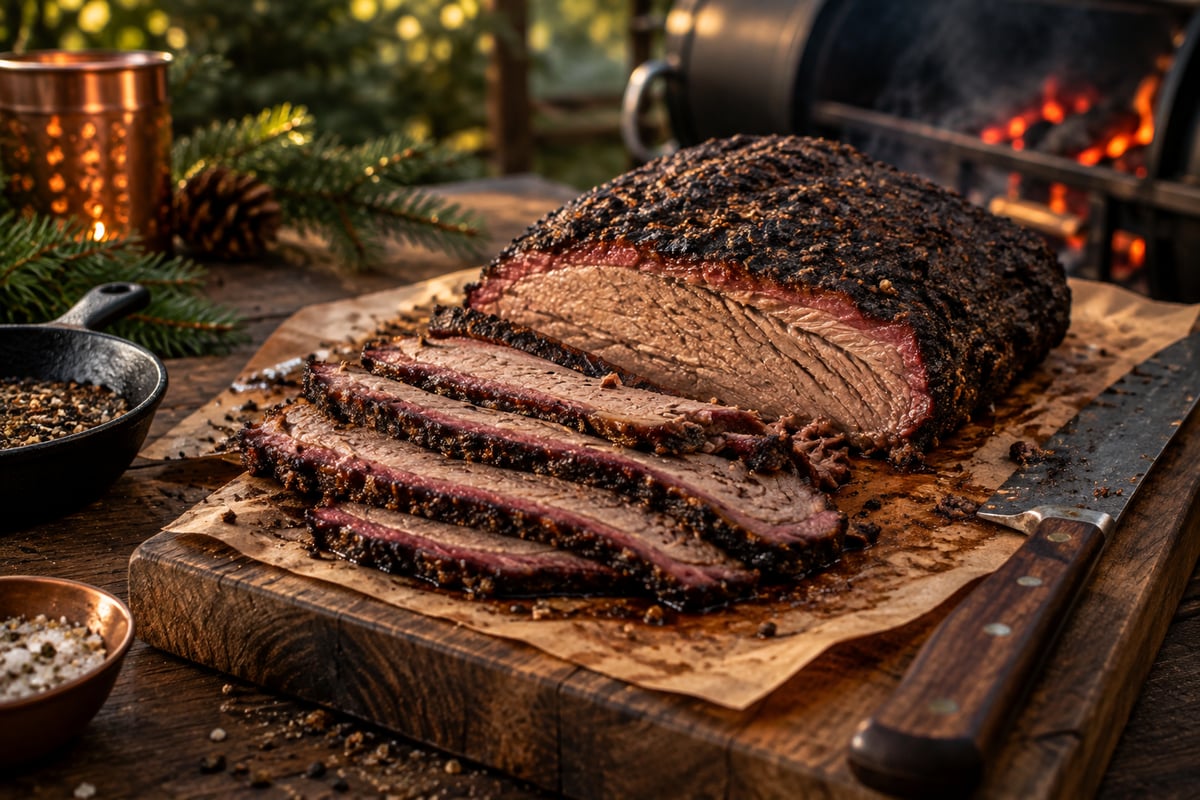 Aufgeschnittenes Brisket mit Rauchring und dunkler Pfefferkruste auf einem Schneidebrett